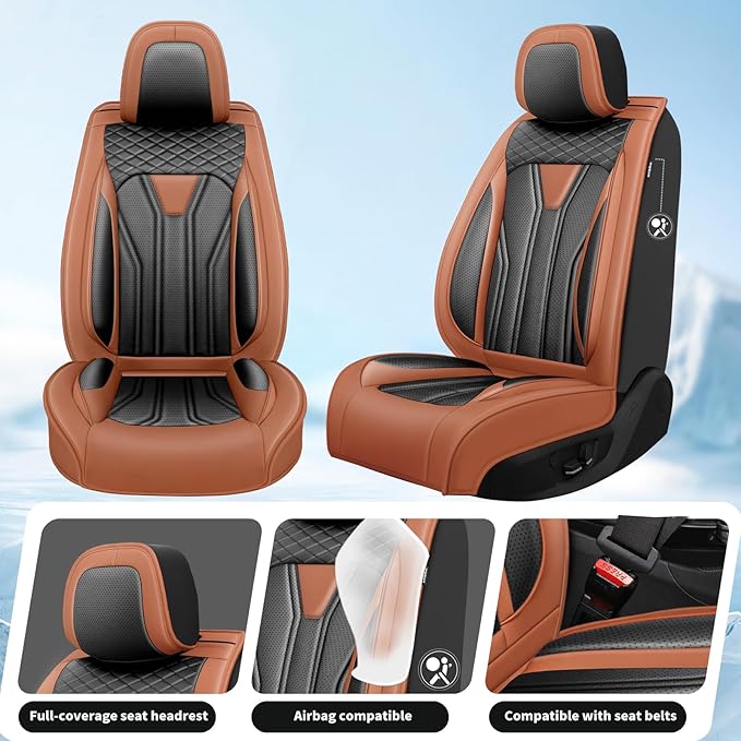 Fit Sonata Car Seat Covers Premium Leather for Hyundai Sonata 2007-2025 2026. Waterproof， Breathable, Scratch-Resistant & All-Weather Seat Cushion Protector（Front Seat,Brown&Black