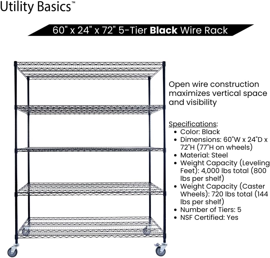 60"x24"x72" Black 5-Tier Premium Metal Wire Shelving NSF 4000 LBS MAX Capacity Heavy Duty Steel Storage Rack for Warehouse, Garage, Hospital, Commercial Space & School w/Premium Wheels