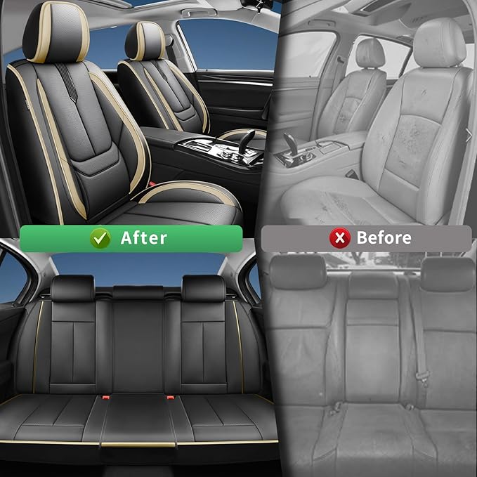 Fit Elantra Car Seat Covers for Hyundai Elantra 2017-2024 2025 2026 -Upgraded Premium Waterproof & Breathable Leather,Airbag Compatible,All-Weather Seat Cushion Protector,2 Front/Black-Beige