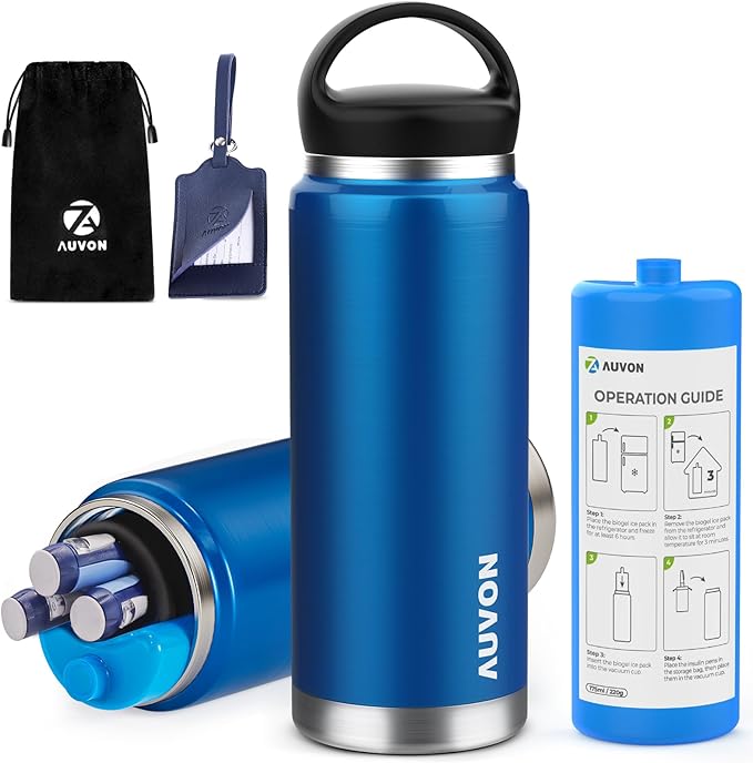 AUVON Insulin Cooler Travel Case Keeps Insulin Cool up to 44H for 3–5 Pens, Gel Ice Pack & Pouch Protect Medication from Freezing, Diabetes Travel Case with Handle & Medical ID Tag, TSA Approved