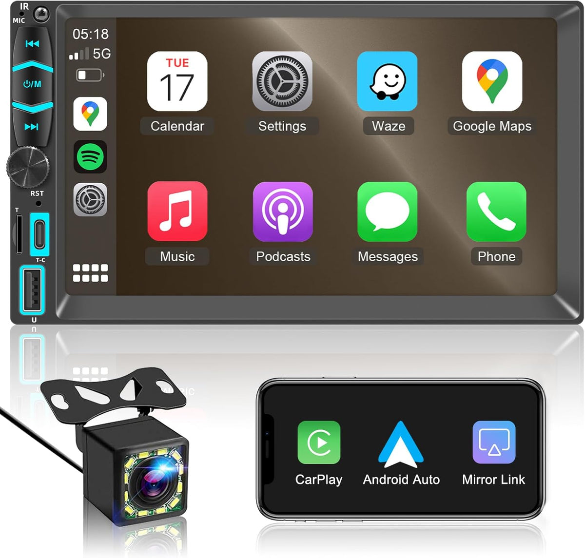 7" Wireless Double Din Car Stereo Apple Carplay Radio Screen for Car Audio Receivers, Bluetooth Car Play Android Auto Touchscreen, Mirror Link, Backup Camera, SWC, AM/FM, AirPlay, Type-C