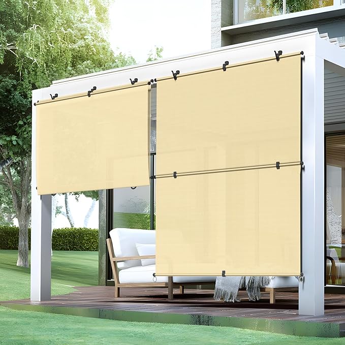 Bynbbur 7'W x 11.5'H Outdoor Patio Shades Foldable Roller Blinds, 220 GSM Sun Shade Roll Up Porch Screens Exterior Shade Cloth for Deck Pergola Backyard, Beige