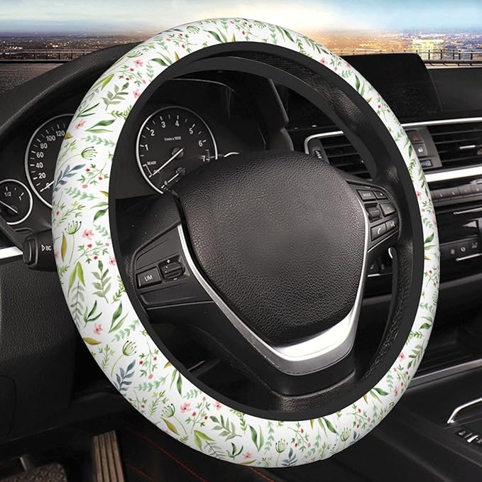 Flowers Leaves Steering Wheel Cover for Women Elastic Rubber Steering Wheel Universal 15 Inch Fit for Cars, Auto, SUVs