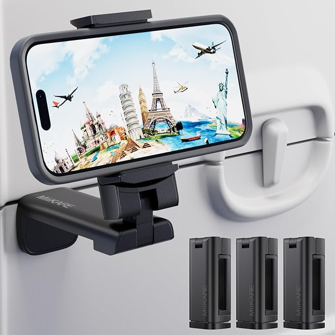 MiiKARE Travel Essentials Airplane Phone Holder, Universal Handsfree Phone Mount for Flying with 360 Degree Rotation, Travel Must Haves Phone Stand for Desk, Tray Table, Black&Black&Black