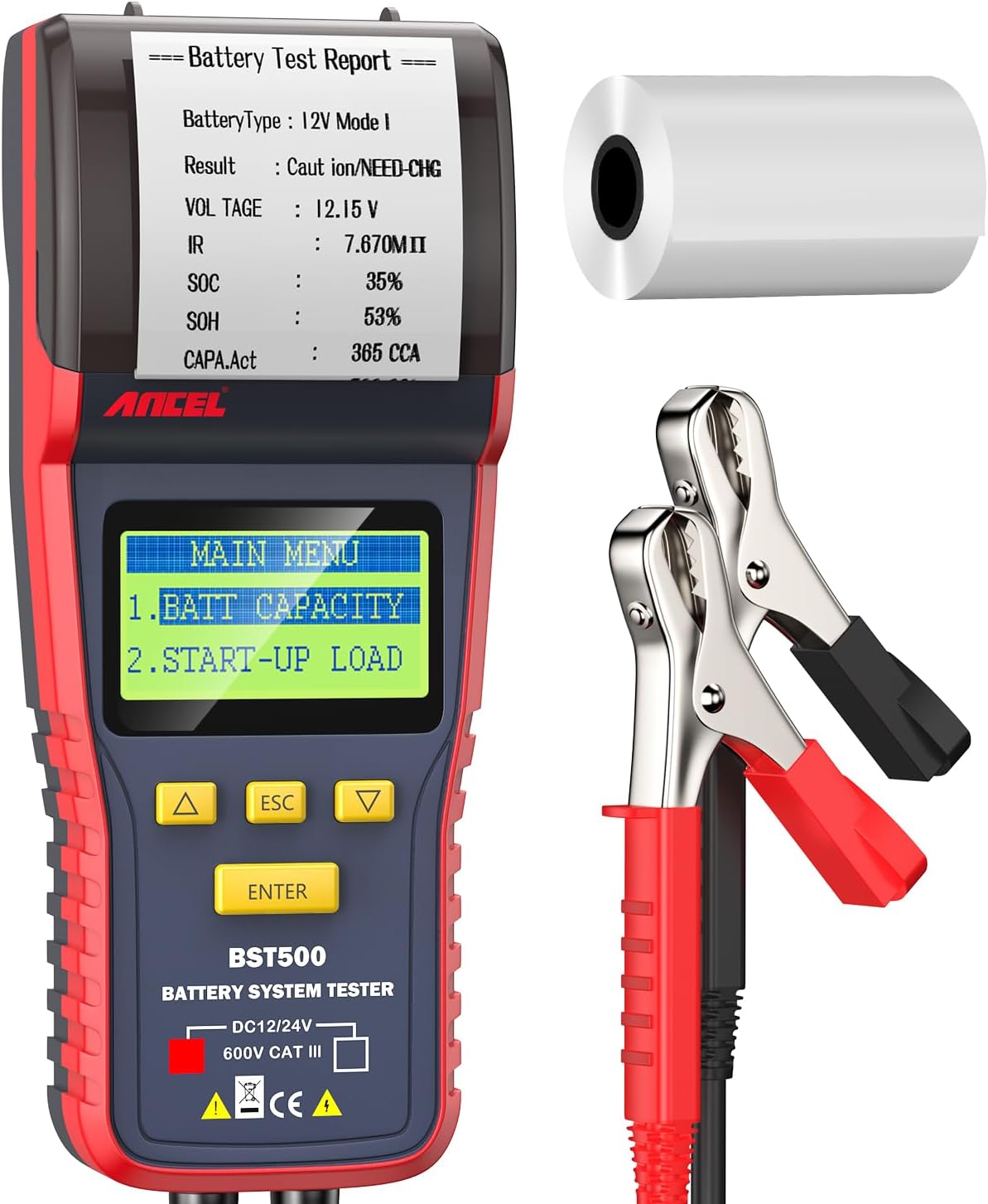 ANCEL BST500 Car Battery Tester with Printer, 12v 24v Automotive Battery Load Tester, Cranking Charging System Analyzer, 99.99% Accuracy for Car Motorcycles Truck SUV ATV RV and More