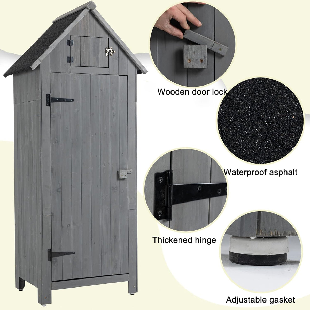 30.3" L X 21.3" W X 70.5" H Outdoor Storage Shed with Waterproof Roof, Solid Fir Wood Frame, and 3 Compartments for Garden Tools, Mower, and Hose,Grey