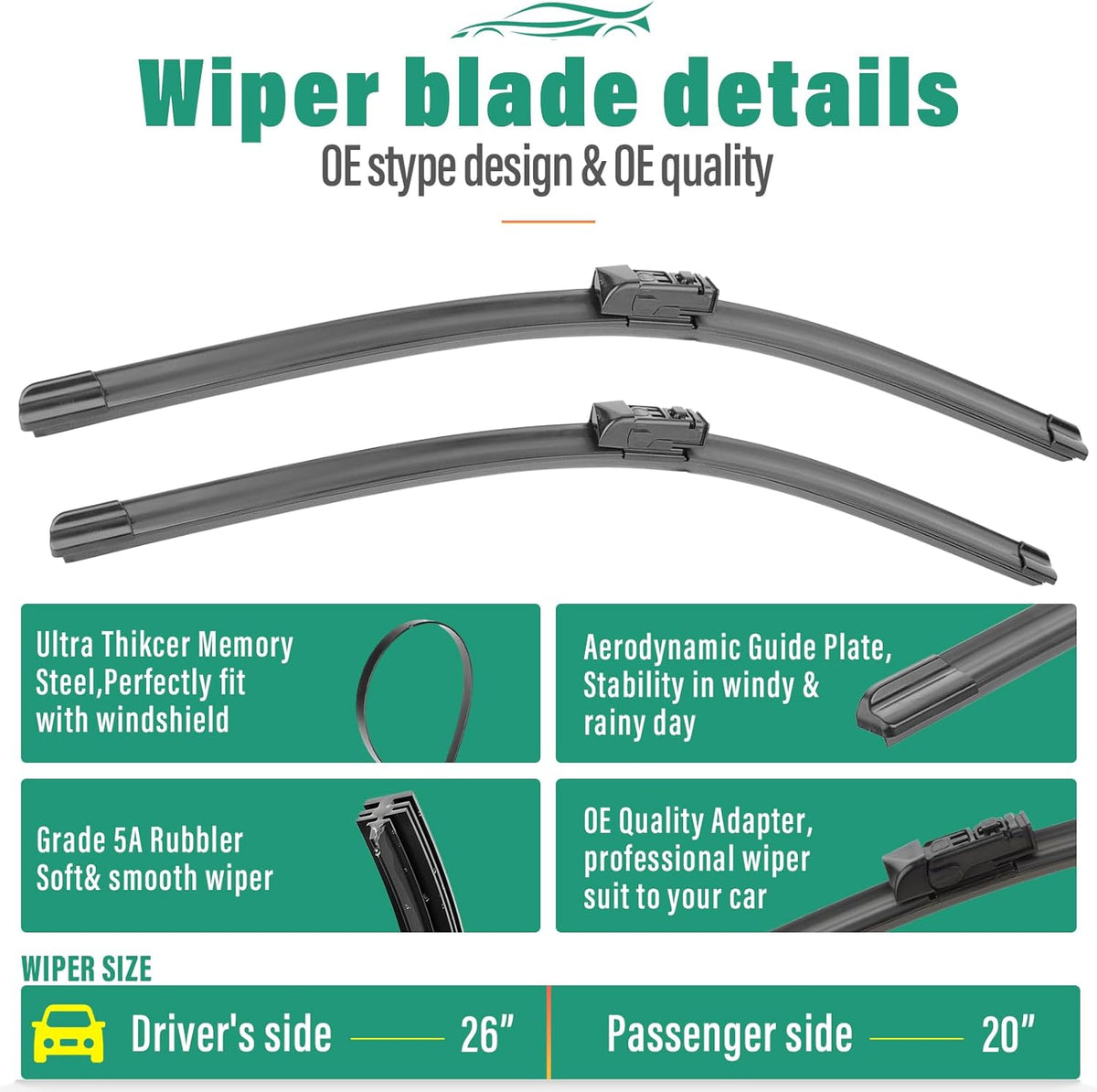 26" 20" 14" Windshield Wiper Blades Replacement for Subaru Ascent 2019 2020 2021 2022 2023 2024 2025 Premium All Weather Front Rear Wipers Set - OEM Quality (Pack of 3)