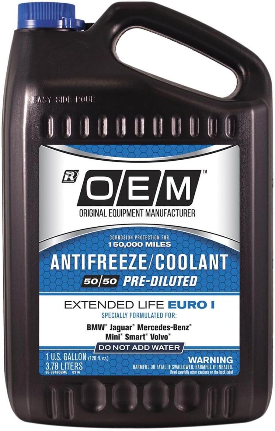 OEM Recochem European Vehicles Premium Antifreeze 50/50 Extended Life Coolant - Euro I Blue, 1 Gallon, 4 Pack