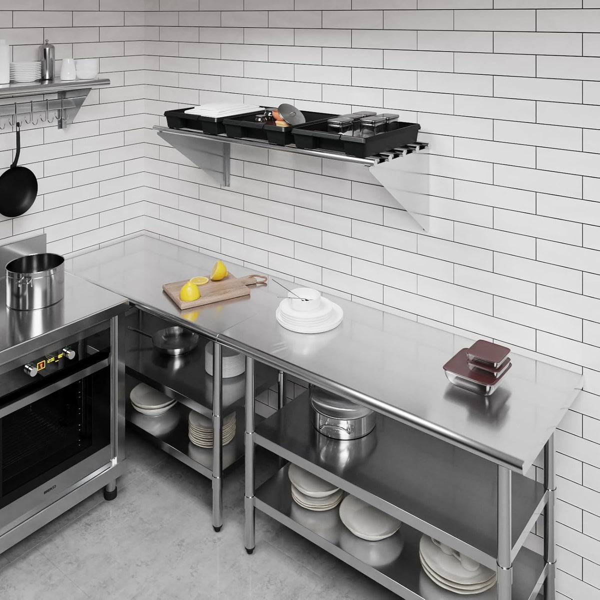 AmGood 18 in. x 48 in. NSF Stainless Steel Tubular Wall Shelf | Heavy-Duty Metal Shelving for Appliances & Equipment | Ideal for Kitchen, Restaurant, Garage, Laundry, Utility Room
