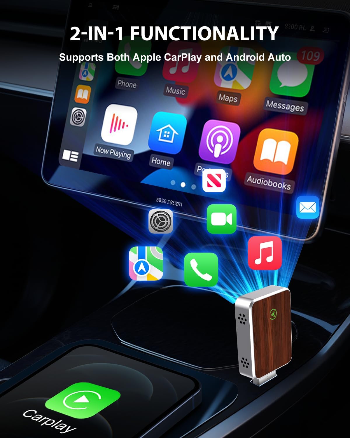 Wireless Carplay Adapter for iPhone & Android Auto 2-in-1, Convert Factory Wired to Wireless Carplay Dongle, Plug & Play Carplay Wireless Adapter for iPhone iOS 10