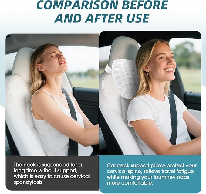 Upgraded Car Seat Neck Pillow - Adjustable Height Headrest Cushion - Fits Tesla Model 3/Y/S/X High Elastic Pearl Cotton Interior and Ventilated Nappa Leather - Neck Pain Relief (2 Pack White)