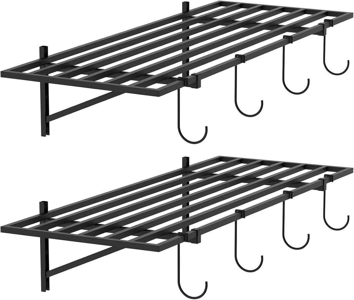 PEKGRIL Garage Wall Shelving Set of 2, 1.5X4 ft Garage Wall Shelves with 8 Hooks, Heavy Duty Wall Mounted Storage Shelf, Loads 260 lbs Each Metal Wall Shelf, Black