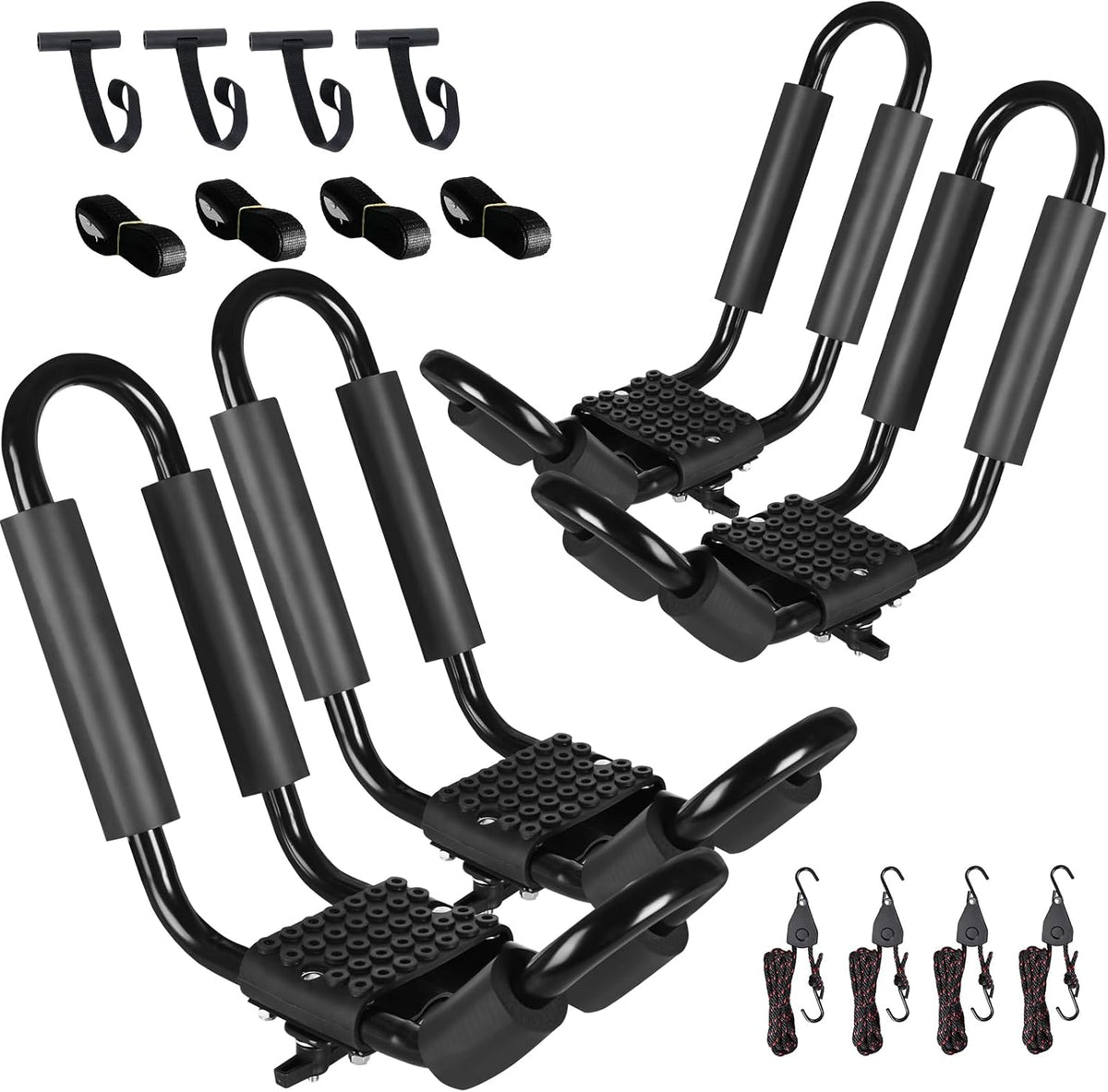 FORWODE Heavy Duty Kayak Roof Rack, 2 Pair J-Bar Kayak Rack with 4 Ratchet Tie, 4 S-Hook Ratchet Straps, 4 Anchor Belts for Kayak Canoe Boat Surf Ski on SUV Car Truck Crossbar