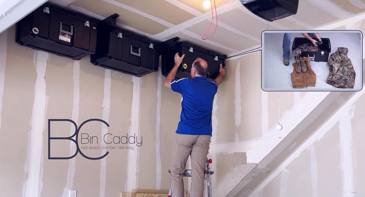 Overhead, Space-Saving Storage Tote Organizational Solution for Garage, Basement, Small Spaces