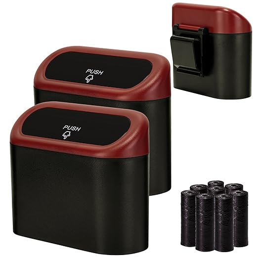 Ginsco Mini Car Trash Can with Lid, Small Car Garbage Can, Cute Leakproof ABS Car Trash Bin, Car Accessories for Interior, Garbage Bin for Car, Home, Office with 120pcs Trash Bags Black/Red