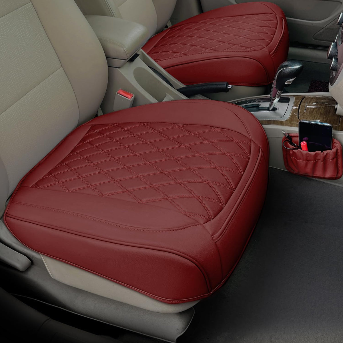 2 Pack Leather Front Car Seat Cover Bottom Car Seat, Anti-Slip and Full Wrap Driver Car Seat Protectors with Storage Pocket, Luxury Waterproof Bottom Auto Seat Cushion Pad Mat for Most Vehicles(Red)