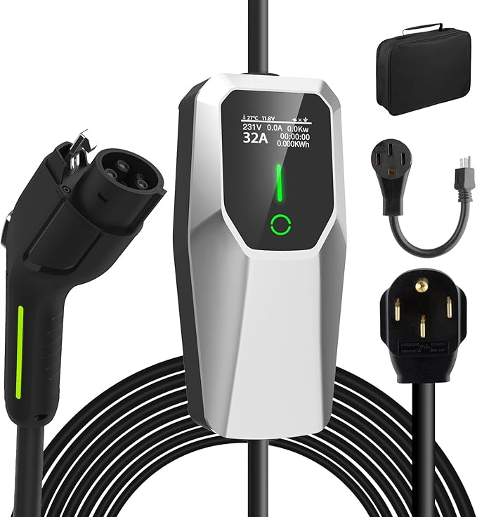 Junsun Level 1&2 EV Charger 32Amp 110V-240V with 20FT Cable, Portable Home Charger NEMA 14-50 5-15 Plug for All SAE J1772 Electric Cars