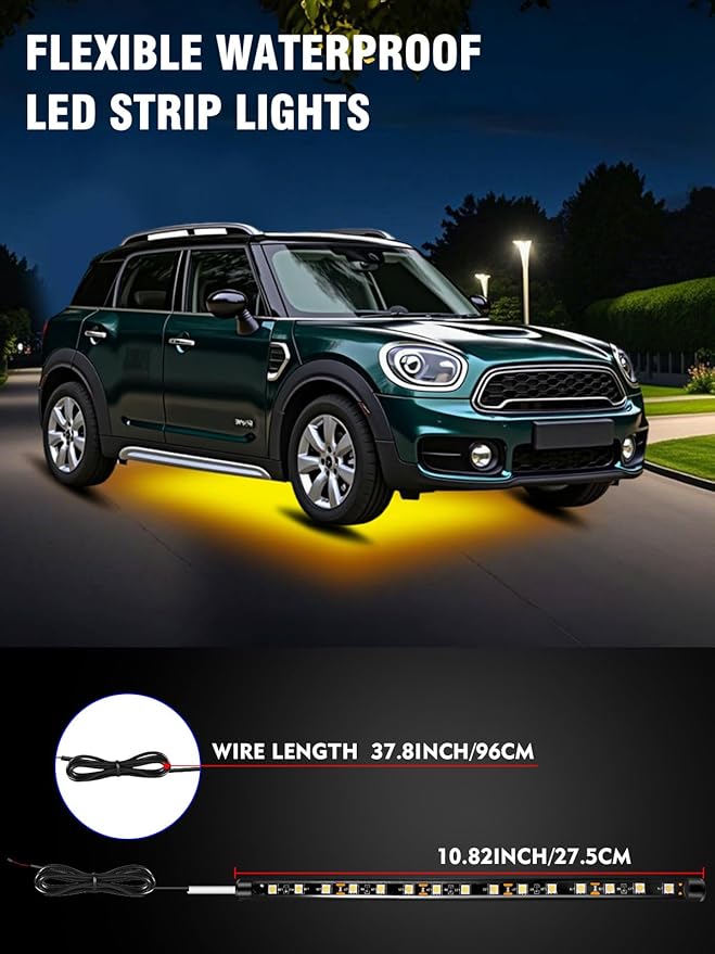 8 Pcs Car Led Light Strip IP67 Waterproof 11" Flexible Led Lights Underglow 12V for Car Motorcycle Boat Golf Cart Interior Exterior Decoration - Amber