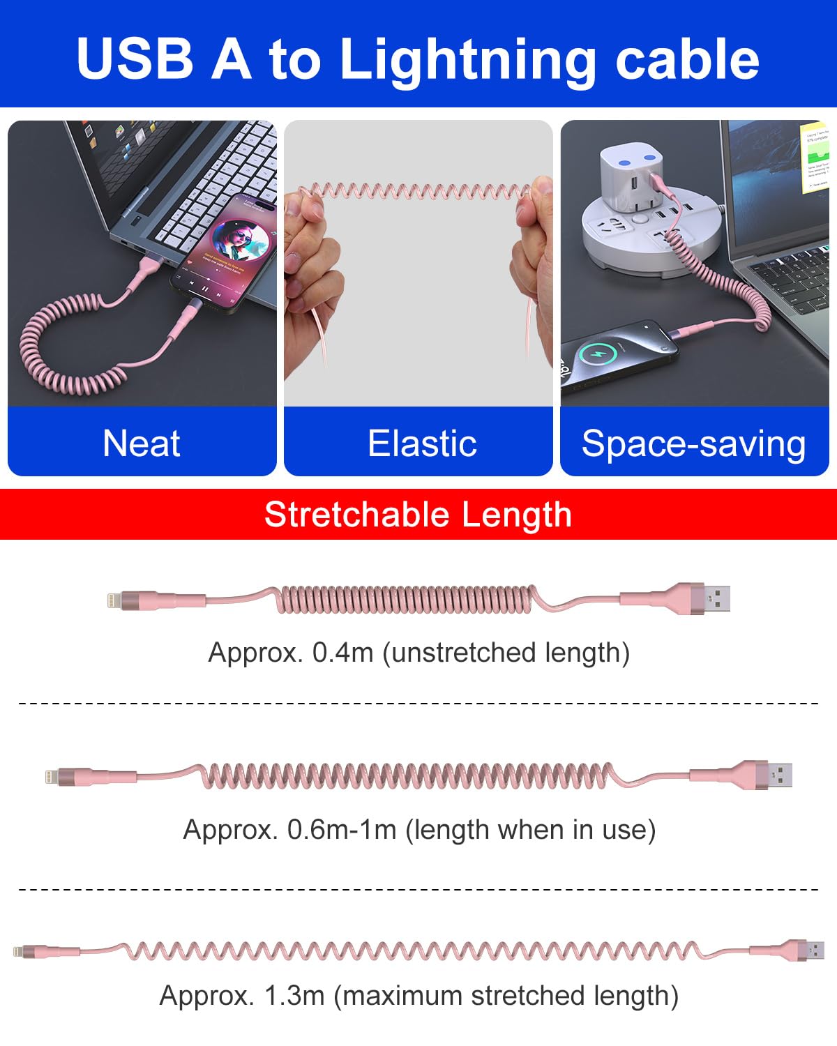 Pink Car Charger Cable - Coiled Lightning Cable for Apple CarPlay with 480Mbps Data Sync LED [MFi Certified], Fast Charging Short USB to Lightning Pink Retractable iPhone Charger Cord for Car