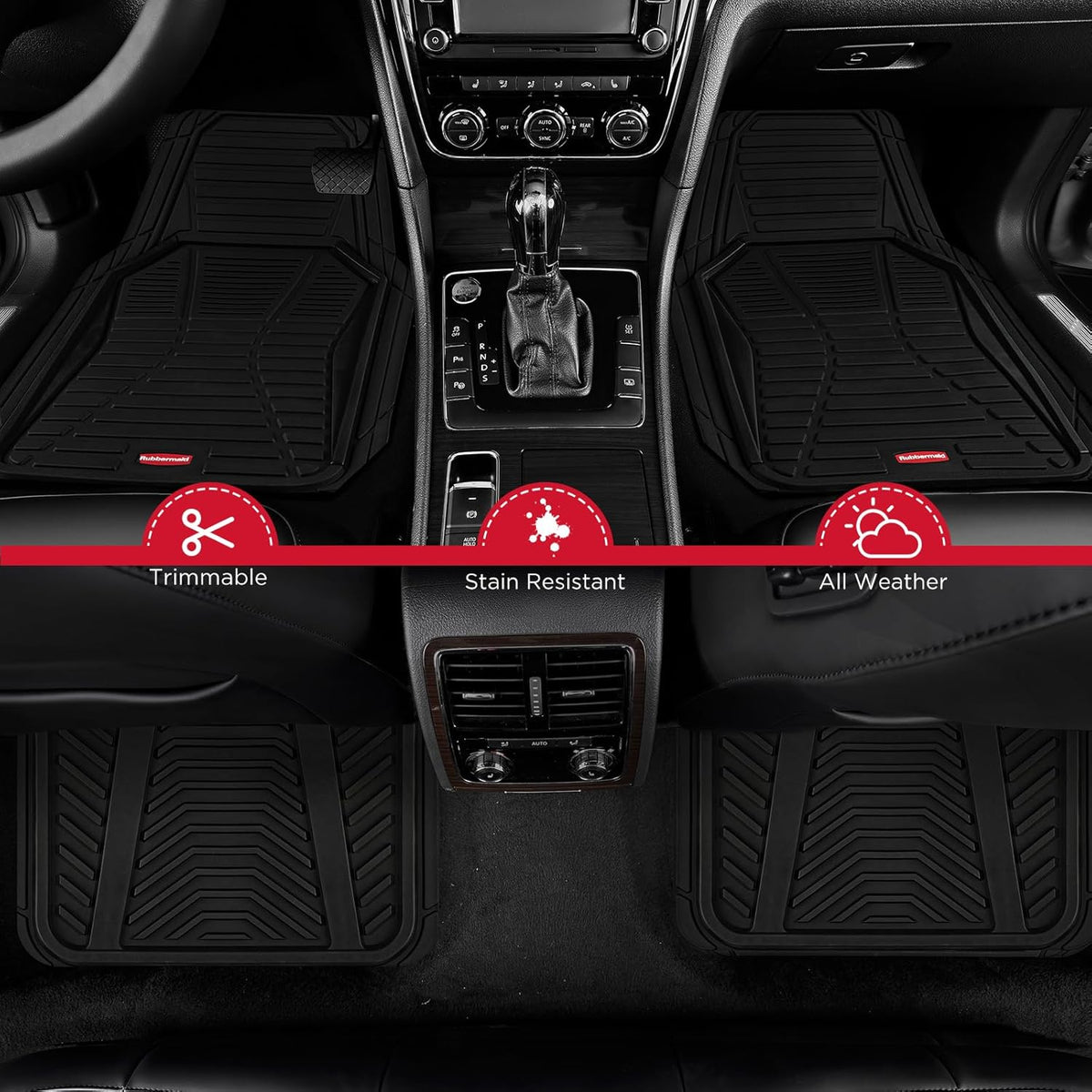 Rubbermaid Car Mat Full Set All-Weather Heavy-Duty 4 Pieces– Trim-to-Fit Universal Car Mats Full Set – Waterproof Rubber Floor Liners for Most Trucks, SUVs, Vans, and Sedans-Black