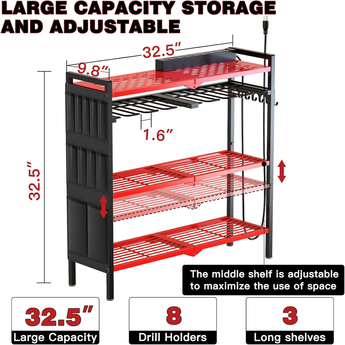 Large Power Tool Organizer Cart with Charging Station 8 Drill Holder Garage Storage Standing Heavy Duty and Stability Storage Rack Utility Tool Shelf (Red)