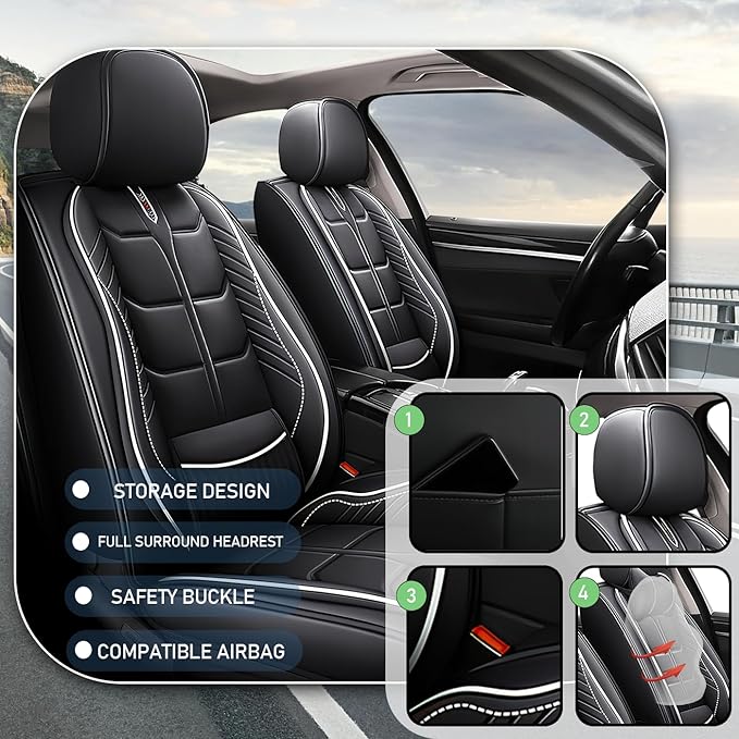 Leather Car Seat Covers Fit for Toyota Matrix 2003-2013, 5 Seater Car Seat Cover, Premium Waterproof, Scratch Resistant Car Interior Accessories (Full Set Black White)