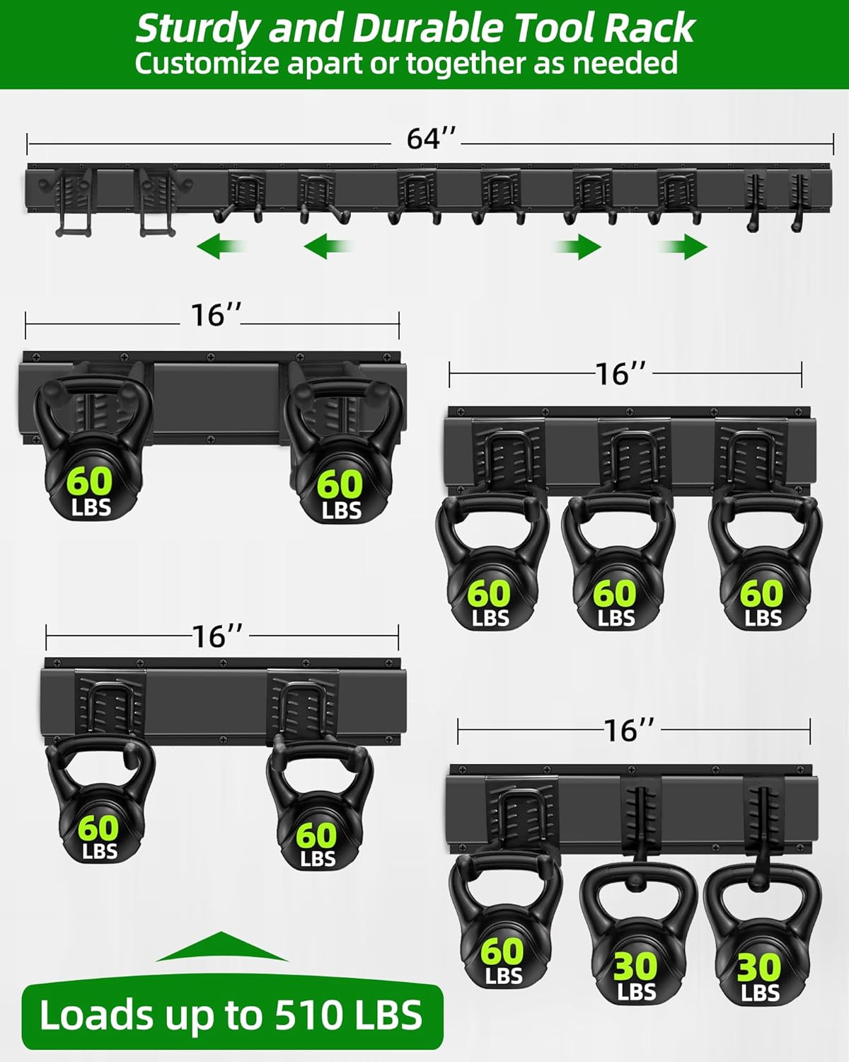 64 inches Garage Tool Organizer Wall Mount, Heavy Duty Garden Tool Organizer Rack, Hanging Storage Organization Racks Holder with 10 Hooks, for Lawn Tools, Shovel, Shed