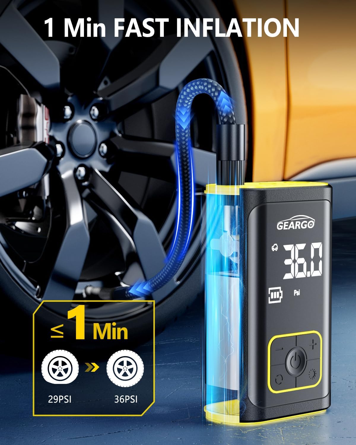 GEARGO Portable Tire Inflator Air Compressor 150PSI Cordless Air Pump for Car, Motorcycle, Bicycle Tires, Balls, 3X Faster Auto Smart Air Pump with Digital Pressure Gauge, LED Light, Black Yellow