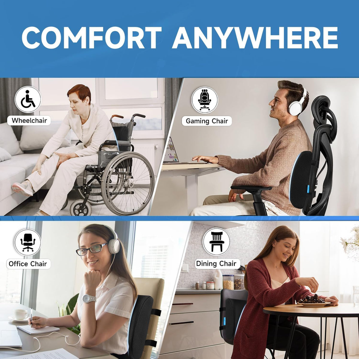 Lumbar Support Pillow for Office Chair, College Dorm Room Essentials, Memory Foam, Lower Back Support for Car, Back Pain Relief, Back Cushion for Chair with Adjustable Strap and Mesh Washable Cover