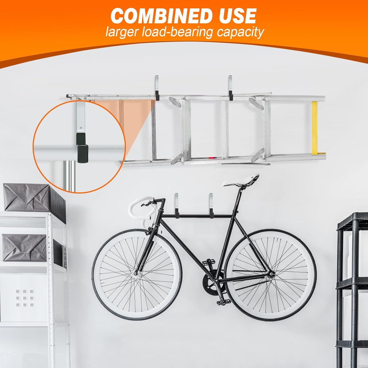 Ladder Hangers for Garage Wall Garage Hooks Heavy Duty Wall Hooks Set of 4 Tool Organizers and Storage Wall Mount Garage Storage Utility Rack Tool Holder for Garage Garden Shed Shop Bike