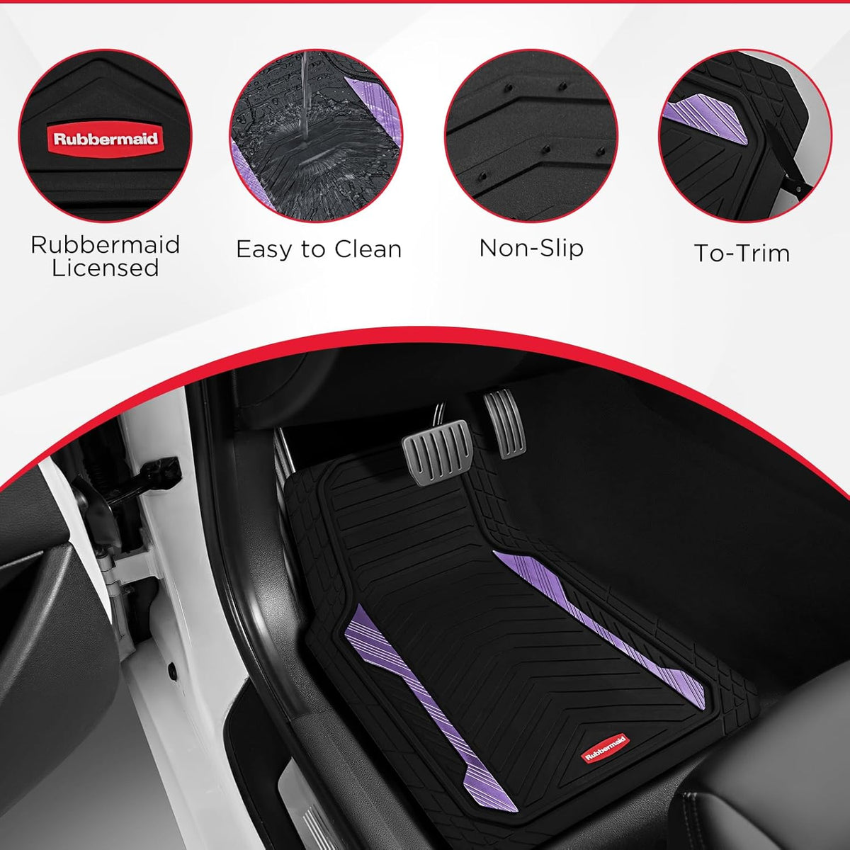Rubbermaid Car Floor Mat, Heavy Duty All-Weather Car Mats Full Set with Dual-Tone Purple Aluminum Inserts – Universal Fit, Anti-Slip Backing, Trim-to-Fit for Most SUV, Sedan, Van