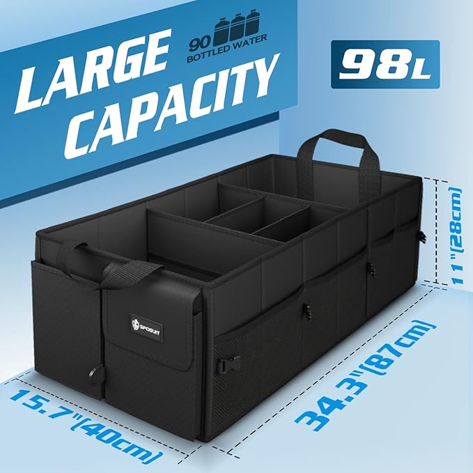 Sposuit Trunk Organizer with Insulated Leakproof Cooler Bag, 98L Collapsible Car Storage Large Trunk Organizer for Car SUV Van with Removable Dividers & Adjustable Securing Straps
