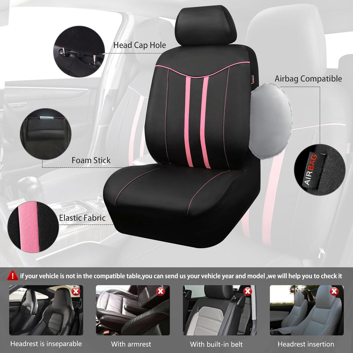 CAR PASS Car Seat Covers Full Set for Women Girls with Waterproof Car Floor Mats,Anti-Slip Leather Steering Wheel Cover,Universal Fit for SUVs,Vans,Trucks,Sedans,Cars (Combo Set,Black & Pink)