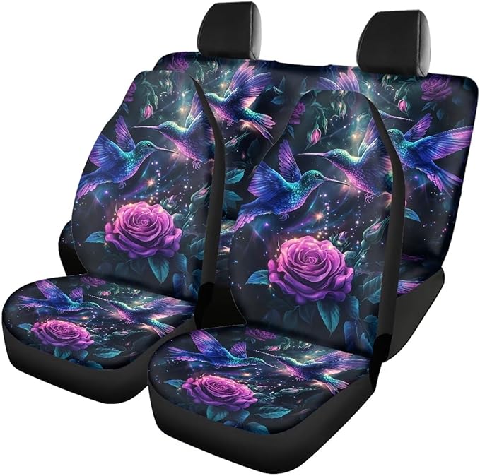 KEIAHUAN Purple Rose Hummingbird Car Seat Covers Full Set Car Front/Rear Seat Cover Universal Size Fit for Truck SUV Sedan Van for Women