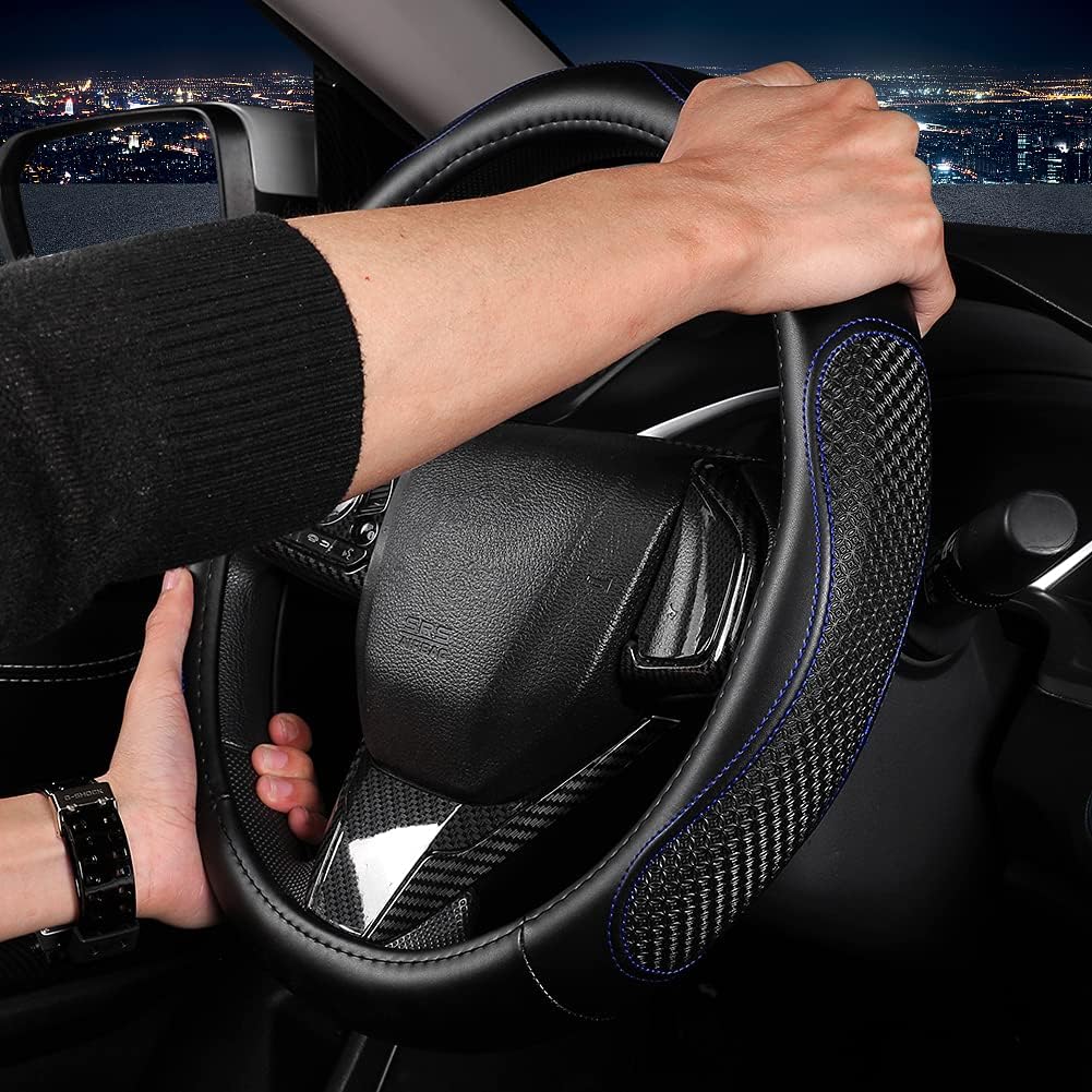 Leather Car Steering Wheel Cover 15 inch Universal Fit Microfiber Steering Wheel Cover Anti-Slip, Soft, Breathable, Full Surround Car Wheel Cover