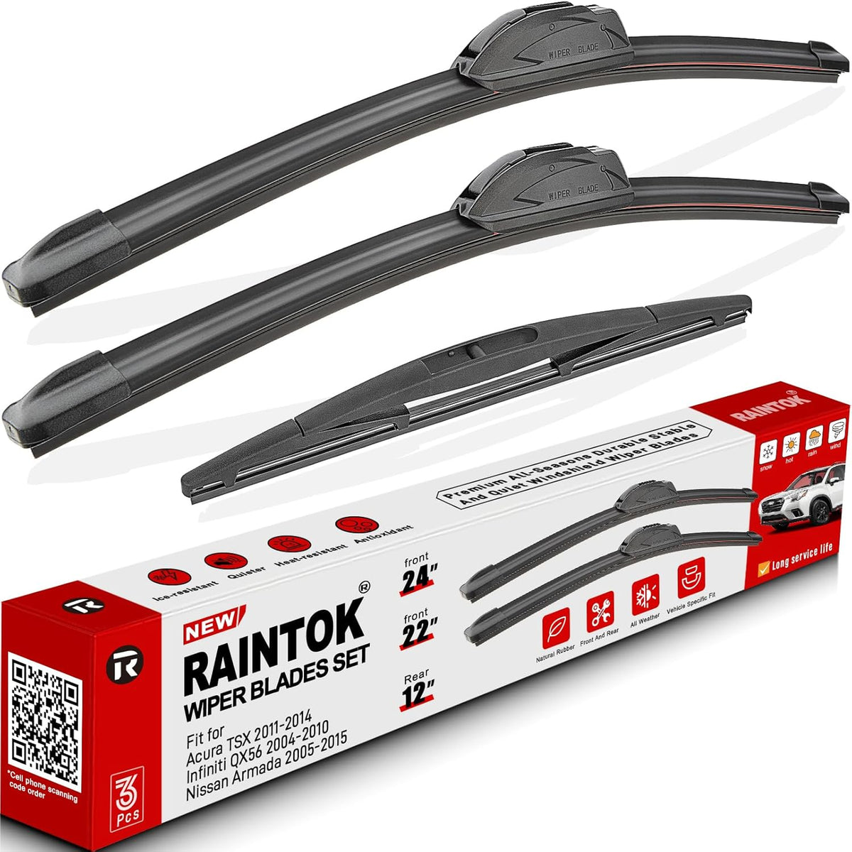 Windshield Wiper Blades Replacement for 2005-2015 Nissan Armada Original Factory Quality Front Rear Wipers Blade Set for My Car - 24" 22" 12" (Pack of 3)