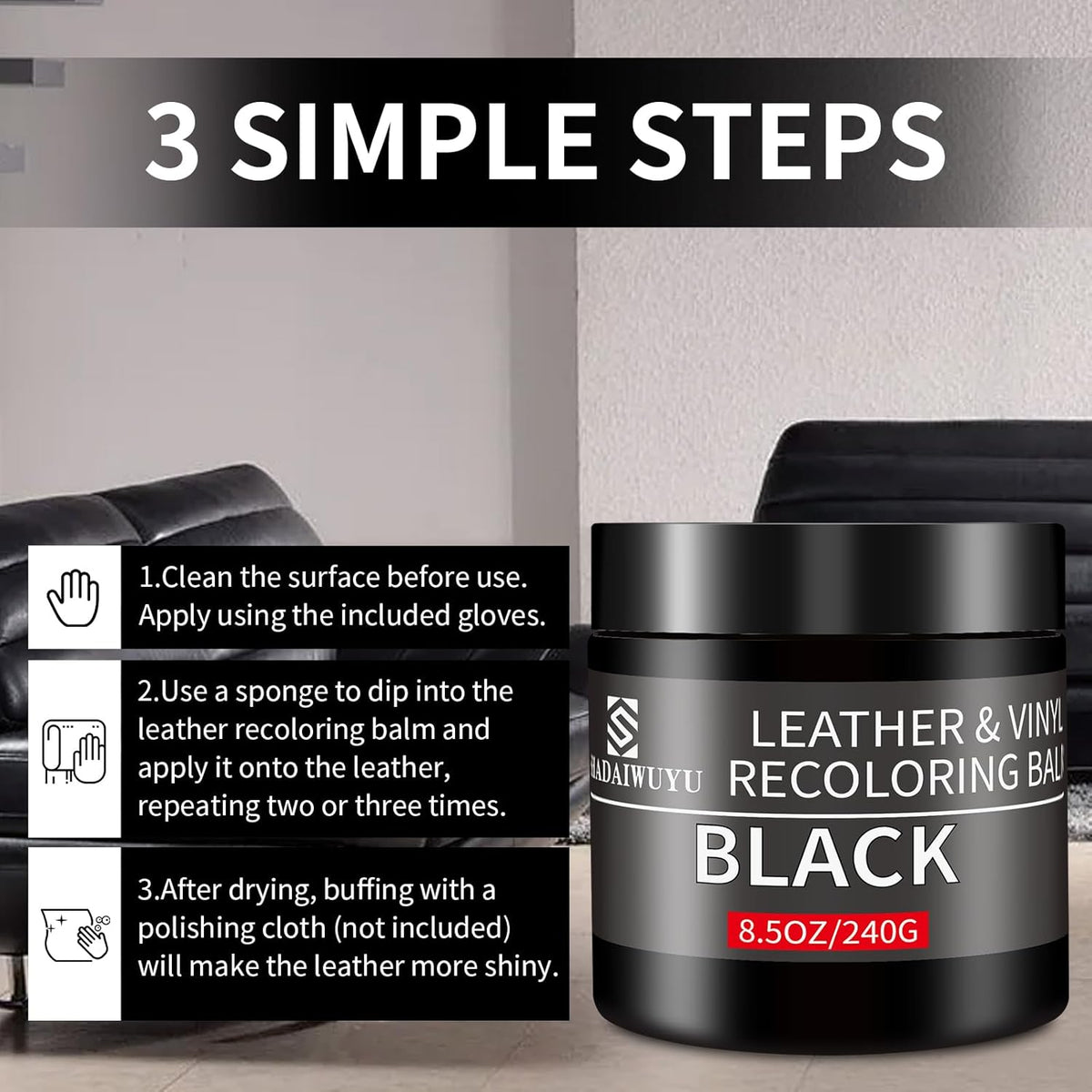 Leather Recoloring Balm,8.5oz Leather Color Restorer,Black Leather Repair kit for Furniture and Car Interior,Leather Couch Scratch Repair,Leather Dye Paint for Faded,Cracked and Damaged Leather