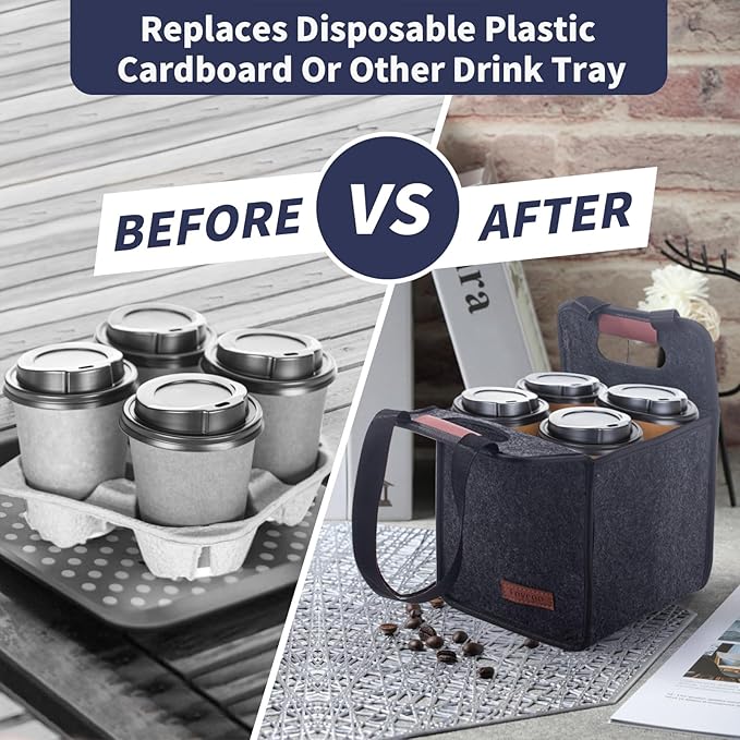 4 Cup Drink Carrier with Handle, Reusable Insulated Drink Caddy Drink Holder for Car, Folding Portable Coffee Cup Holder Bag for Travel and Delivery