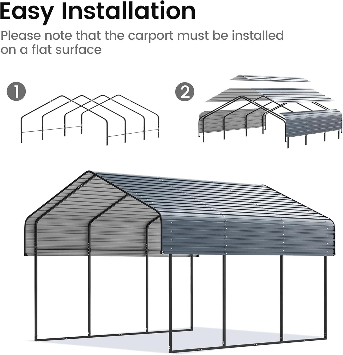 10'x15' Heavy Duty Metal Carport, Outdoor Garage Car Shelter Shade with Heavier Frame, Galvanized Roof for Car and Boats, Grey