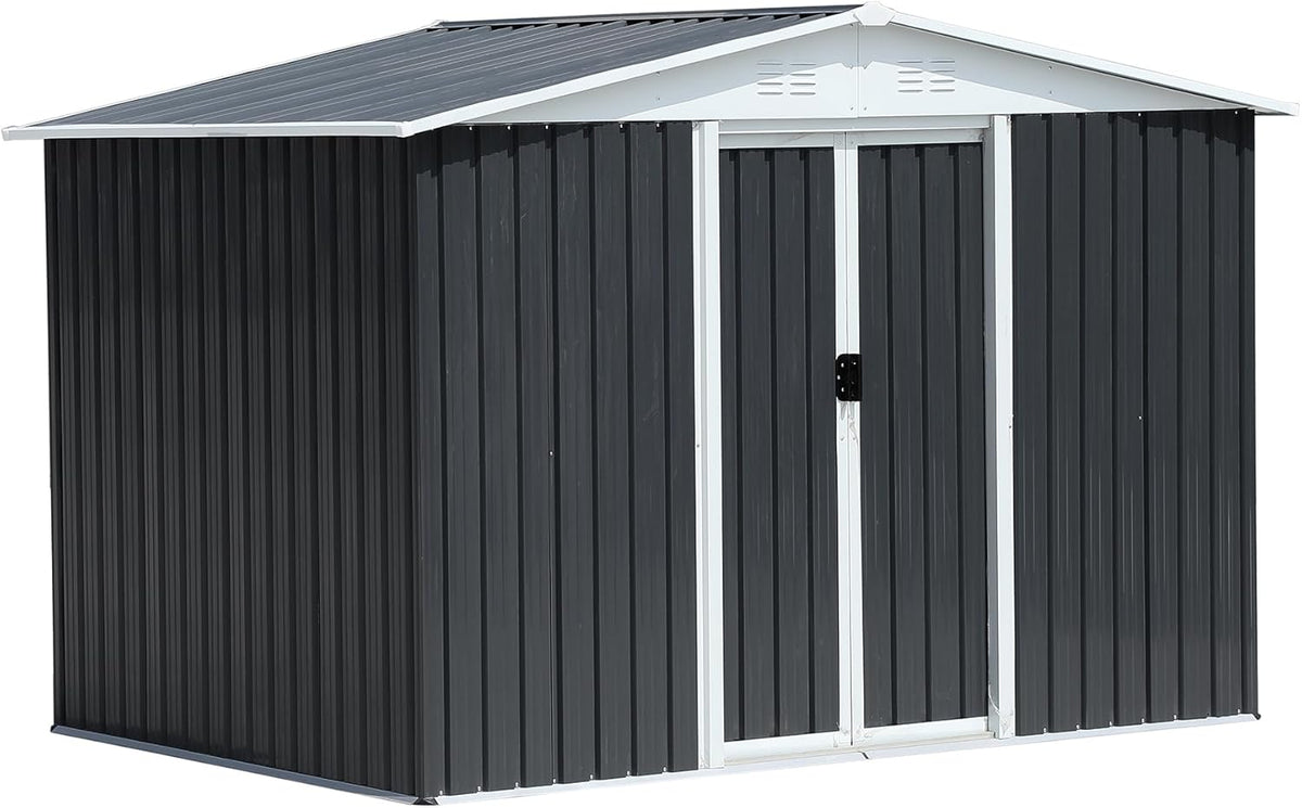 8x6 FT Outdoor Storage Shed,Metal Shed with Sliding Door & Air Vent,Garden Shed W/Sloped Roof,All Weather Waterproof Tool House for Backyard,Patio,Garage,Lawn,Grey