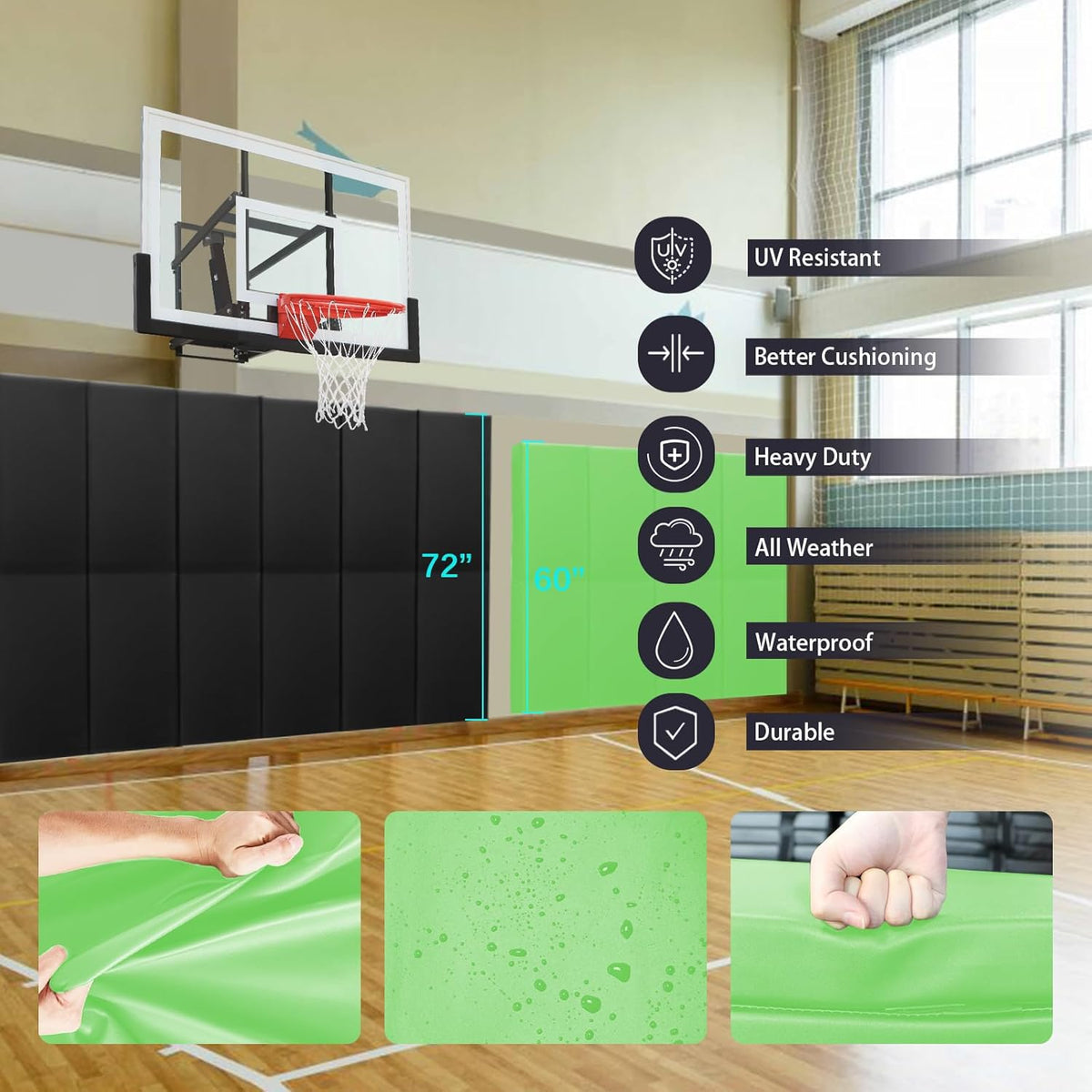PROGOAL 60"/72" High Gym Wall Padding 2"/4" Thick Foam Basketball Court Wall Mount Protector for Garage Taekwondo Babyroom - Durable Waterproof Anti-Cushion