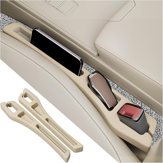 2PCS Car Seat Gap Filler Organizer,2 in 1 Car Gap Filler with Fill and Storage Function for Storing Phones Keys Cards,Universal Multifunctional No Drop Seat Guard for Cars (Beige)