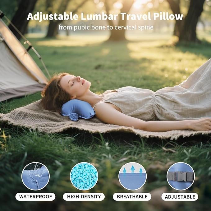 Mixtrend Travel Lumbar Pillow Inflatable Lumbar Support Pillow with Memory Foam, Back Support Pillow for Airplane Long Flight, Essential Travel Support Pillow for Women Men Kids（Mist Blue）