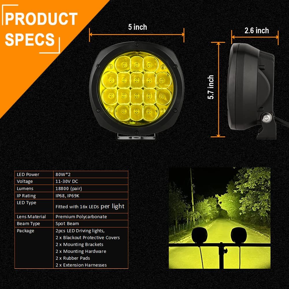 BIGLION.X 5 Inch Pair 160W Amber Round LED Offroad Lights 18800LM Amber Yellow OffRoad Lights Super Bright Amber Driving lights Fog Lights Waterproof IP68 Light Bar for Trucks Pickup 4x4 SUV ATV UTV