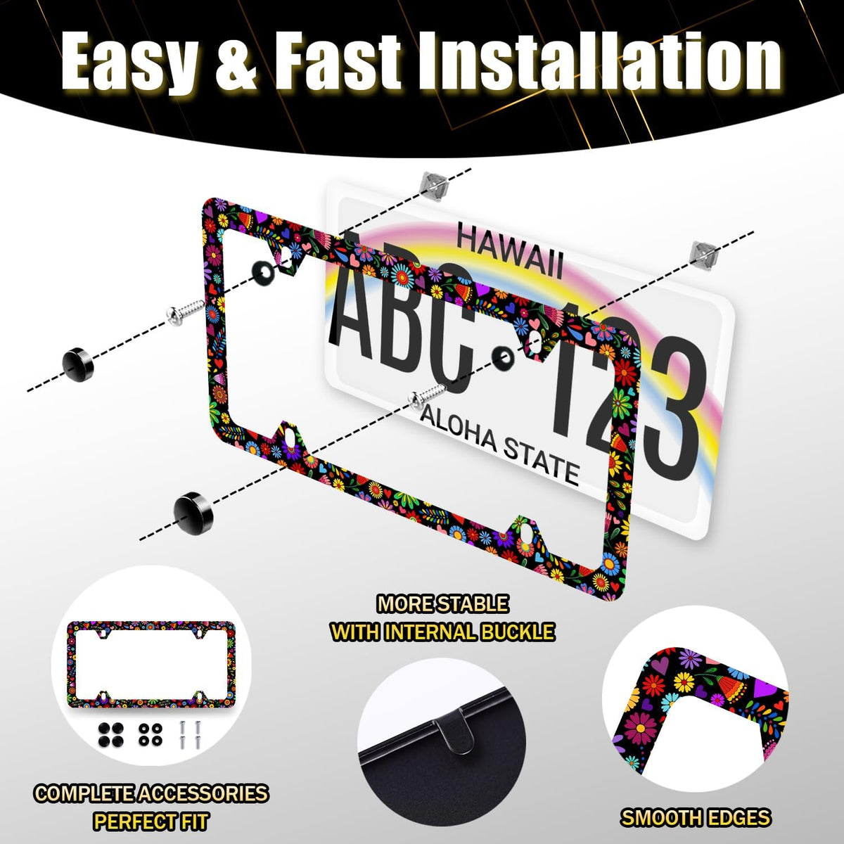 Abstract Flowers License Plate Frame Bright Colorful Art Floral License Plate Stainless Steel Flowers Car Accessory Funny License Plate Decoration Women Size 12.2" x 6.2" with Screws