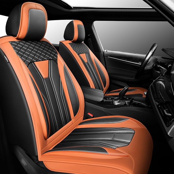 Fit Frontier Car Seat Covers Premium Leather for Nissan Frontier 2009-2025 2026. Waterproof， Breathable, Scratch-Resistant & All-Weather Seat Cushion Protector（Front Seat,Orange&Black
