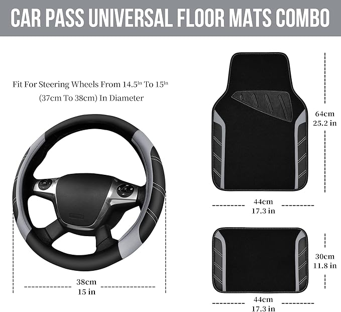 CAR PASS Leather Steering Wheel Cover and Waterproof Car Floor Mats,Microfiber Universal Car Combo Fit for 95% Sedan,SUV,Cars,14.5-15inch Sporty Anti-Slip Safety Comfortable Design(Black＆Gray)