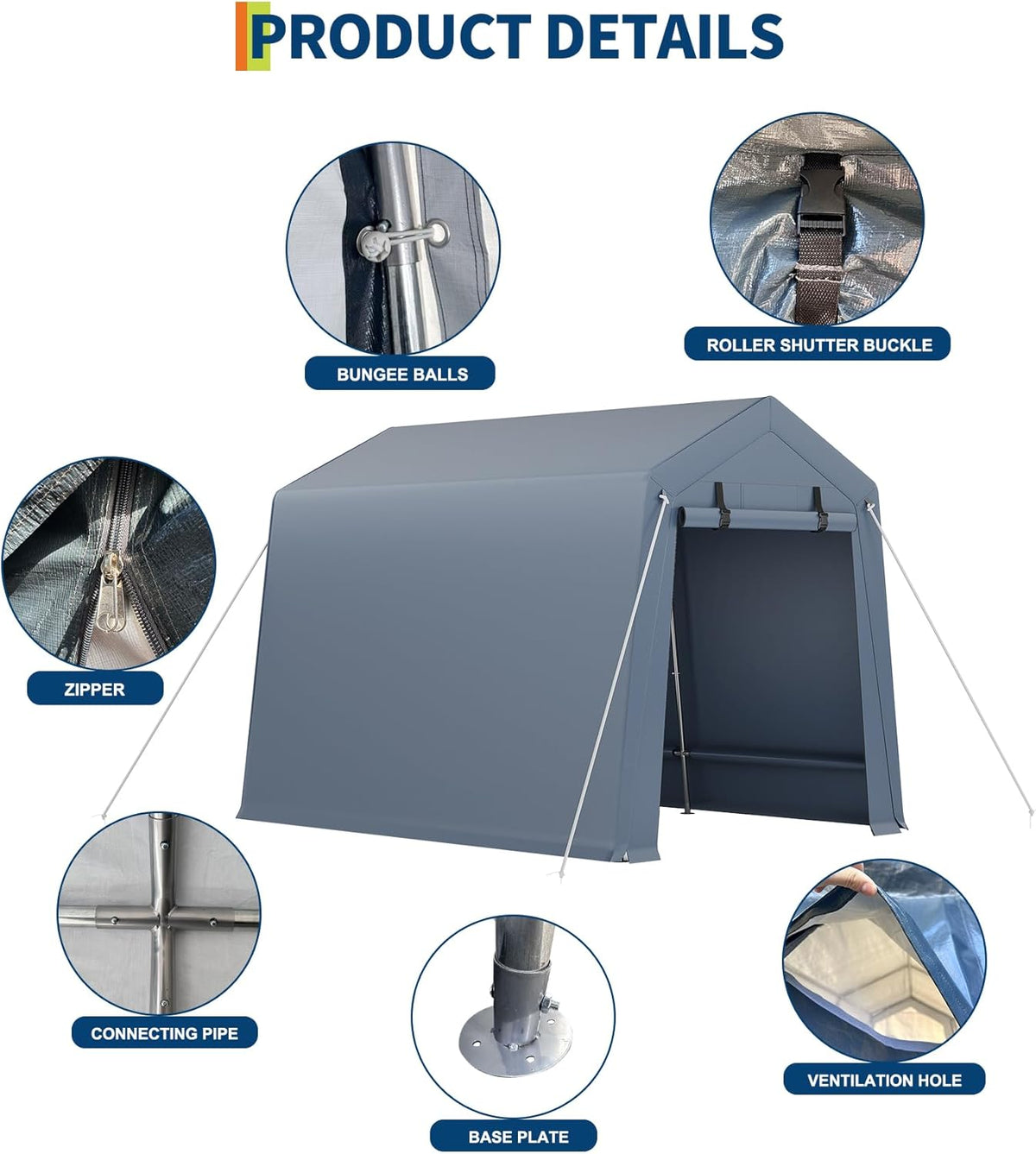 7*10F Outdoor Storage Shed with Floor, Heavy Duty Waterproof PE Tarp, Portable Metal Carport Garage Tent, 2 Roll-Up Doors & Vents, for Motorcycle and Bike Storage, Garden Tool Shed, Small Outdoor Shed
