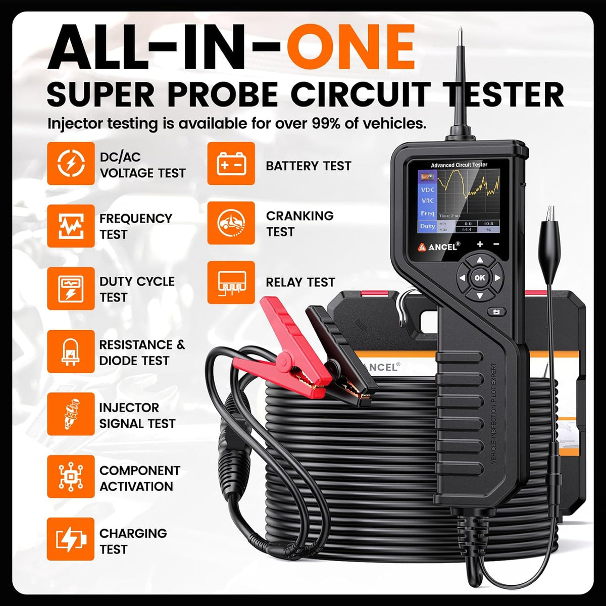ANCEL PB600 Power Circuit Probe Tester with Battery, Relay, Injector Test, 8-35V Automotive Electrical Circuit Tester, Multimeter/Oscilloscope/Ohmmeters Power Circuit Probe Kit, 30FT Cable