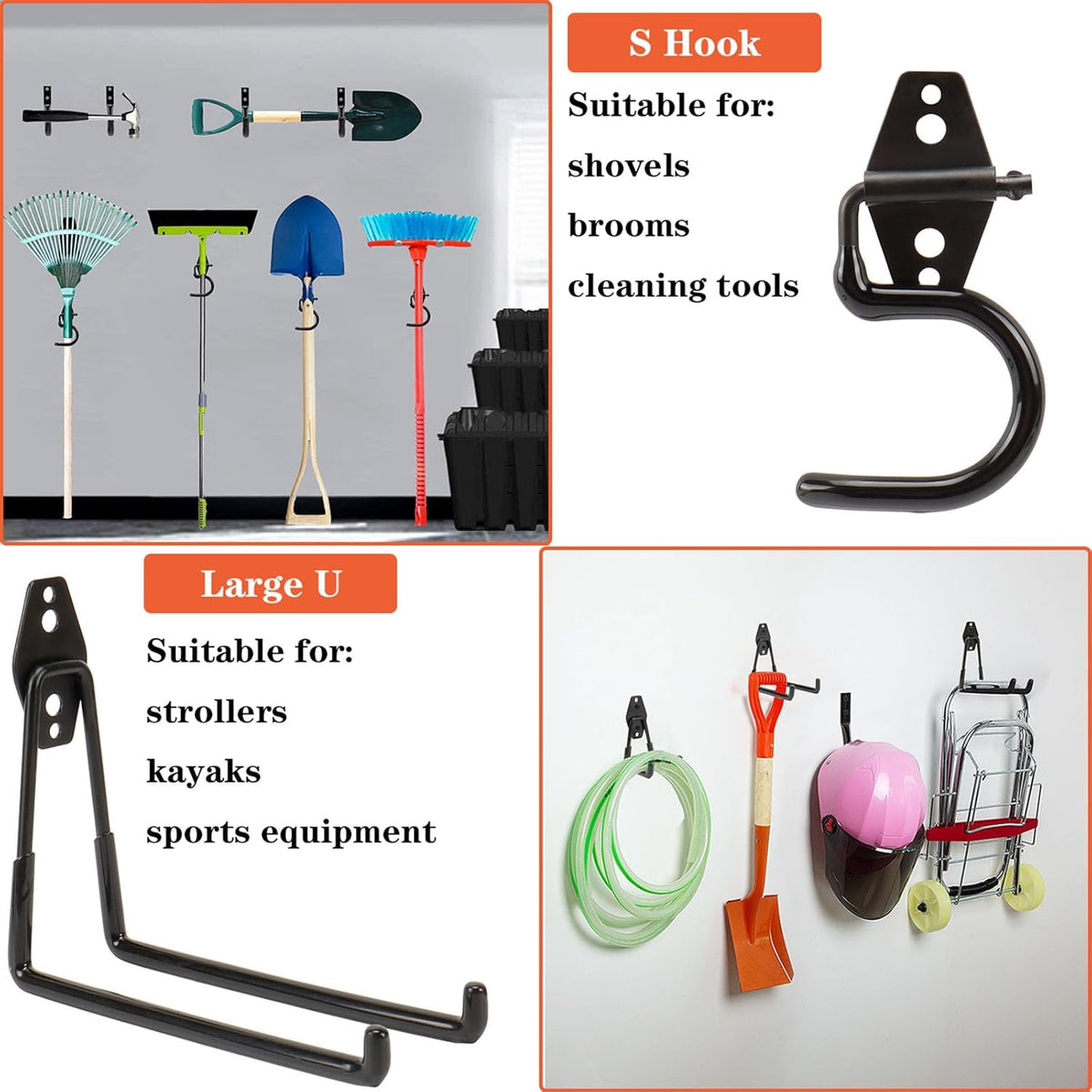 TocTen Garage Hooks, 14 Pack Garage Storage Hook Heavy Duty Solid Steel Wall Hooks, Wall Mount Storage Hook Kit with Anti-Slip Coating Ladder Hooks for Hanging Garden Tools Chair Hose Ropes (Black)
